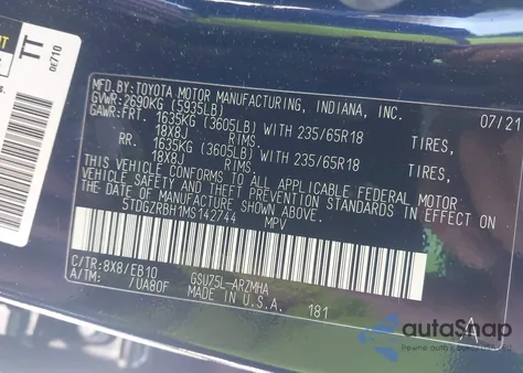 2021 Toyota Highlander Xle z USA, uszkodzony, nr VIN 5TDGZRBH1MS142744